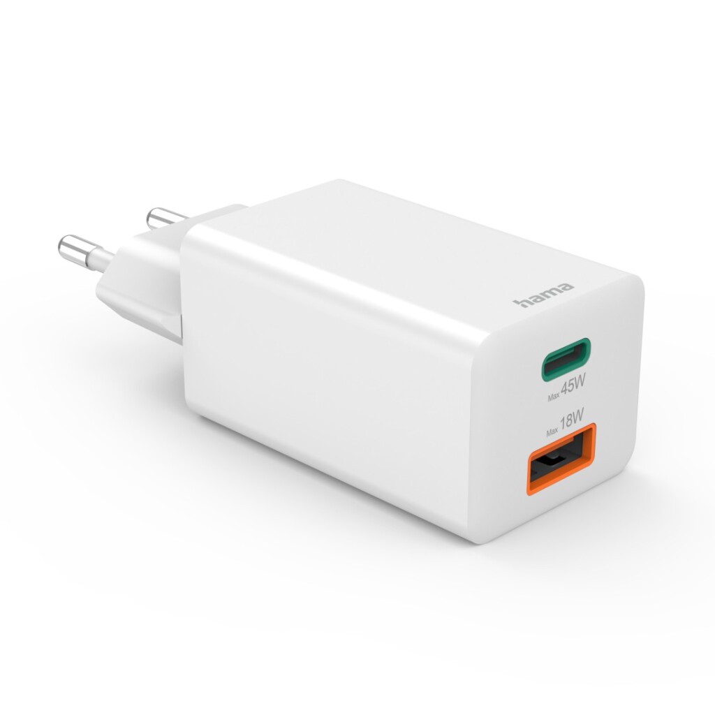 Hama Snellader 1x USB-C PD 1x USB-A QC Mini-oplader 45 W Wit - Afbeelding 2